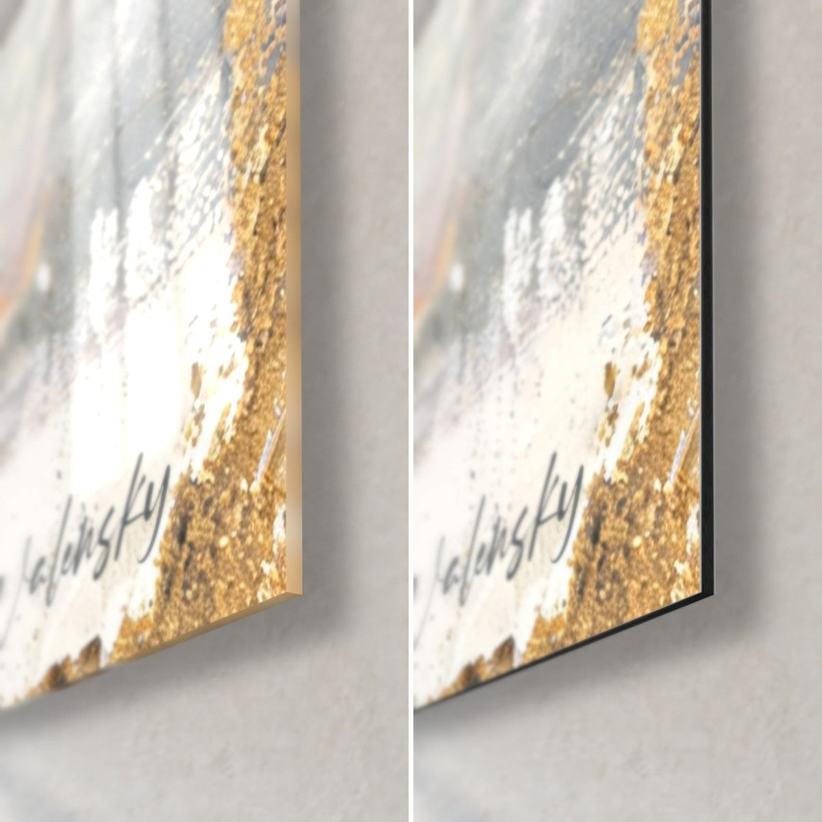 Wall art bottle-green winger, bottom right corner: glossy glass on the left, matte black Dibond on the right, signature and gold