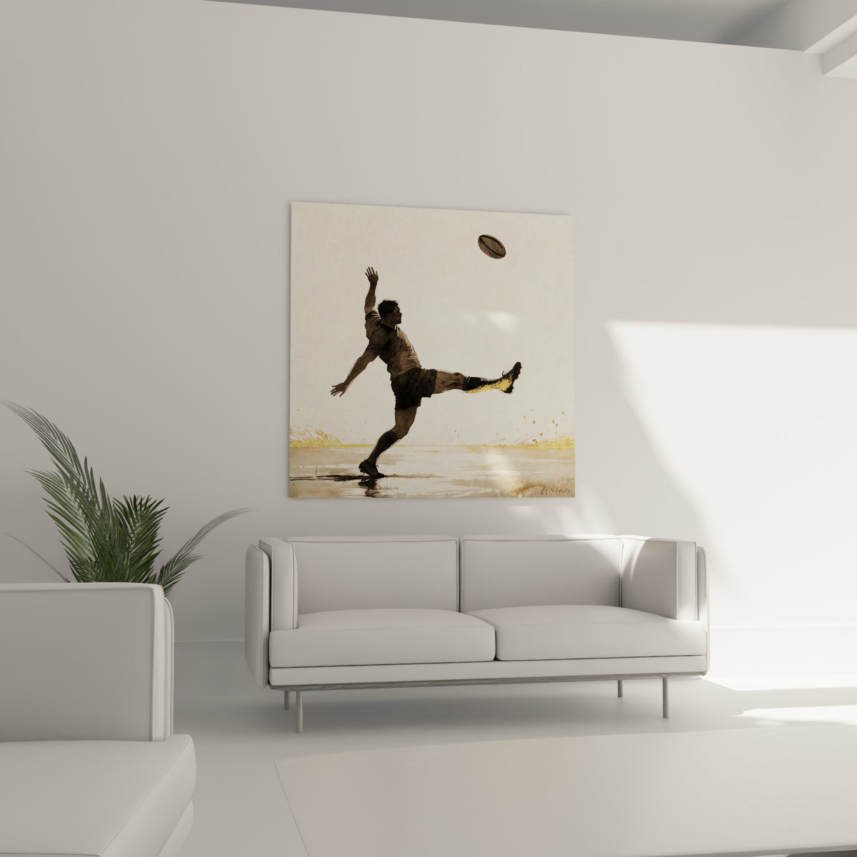 Silhouette de rugbyman fauve et anthracite en plein geste au-dessus d'un canapé dans un salon lumineux