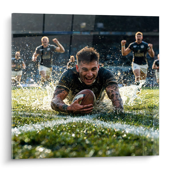 Schilderij Speler in duik op nat gras - Overwinningsoverwinning - Rugby Editie