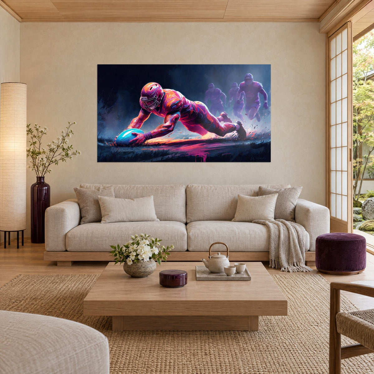 Gemälde Rugbyspieler in Magenta, der sich nach einem türkisfarbenen Ball streckt, orangefarbener gestreifter Helm, violette Schatten, über einem Sofa in einem hellen Wohnzimmer