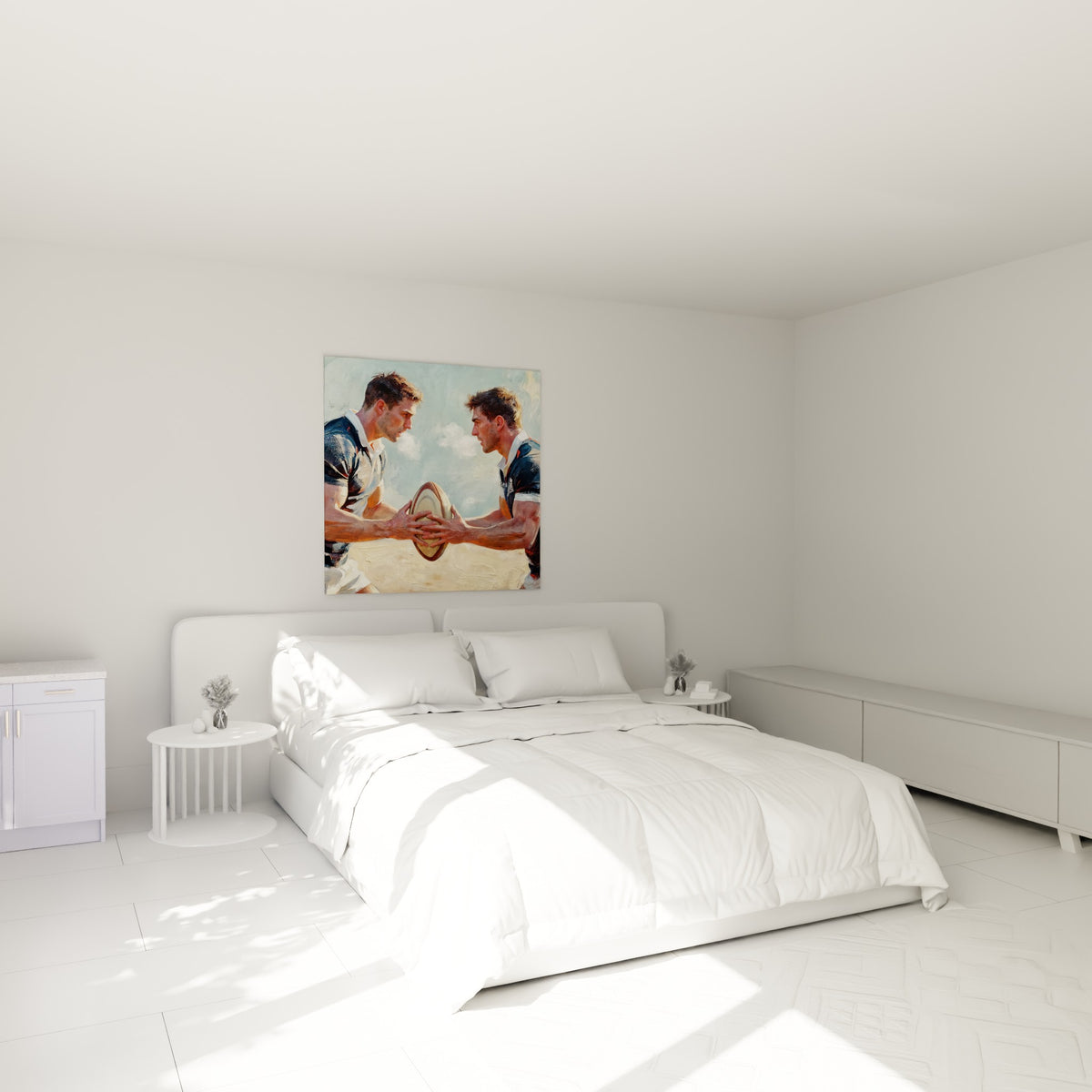 Duel de rugbymen aux couleurs bleu marine et terracotta, accroché au-dessus d'un lit dans une chambre claire