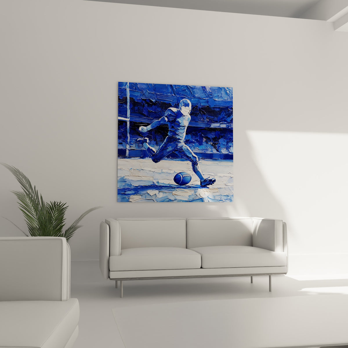 Athlète bleu marine en pleine action sportive, suspendu au-dessus d'un canapé dans un salon lumineux