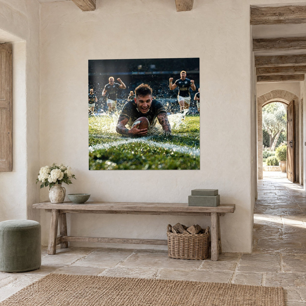 Wall art winning try on soaked grass, dazzling smile, brown ball, frosted white lines, in a living room with pale stone walls