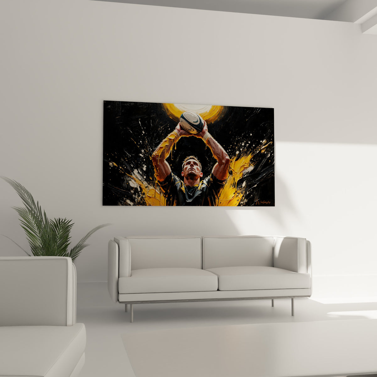 Rugbyman concentré, maillot noir et jaune, capturant le ballon au-dessus d'un canapé dans un salon lumineux