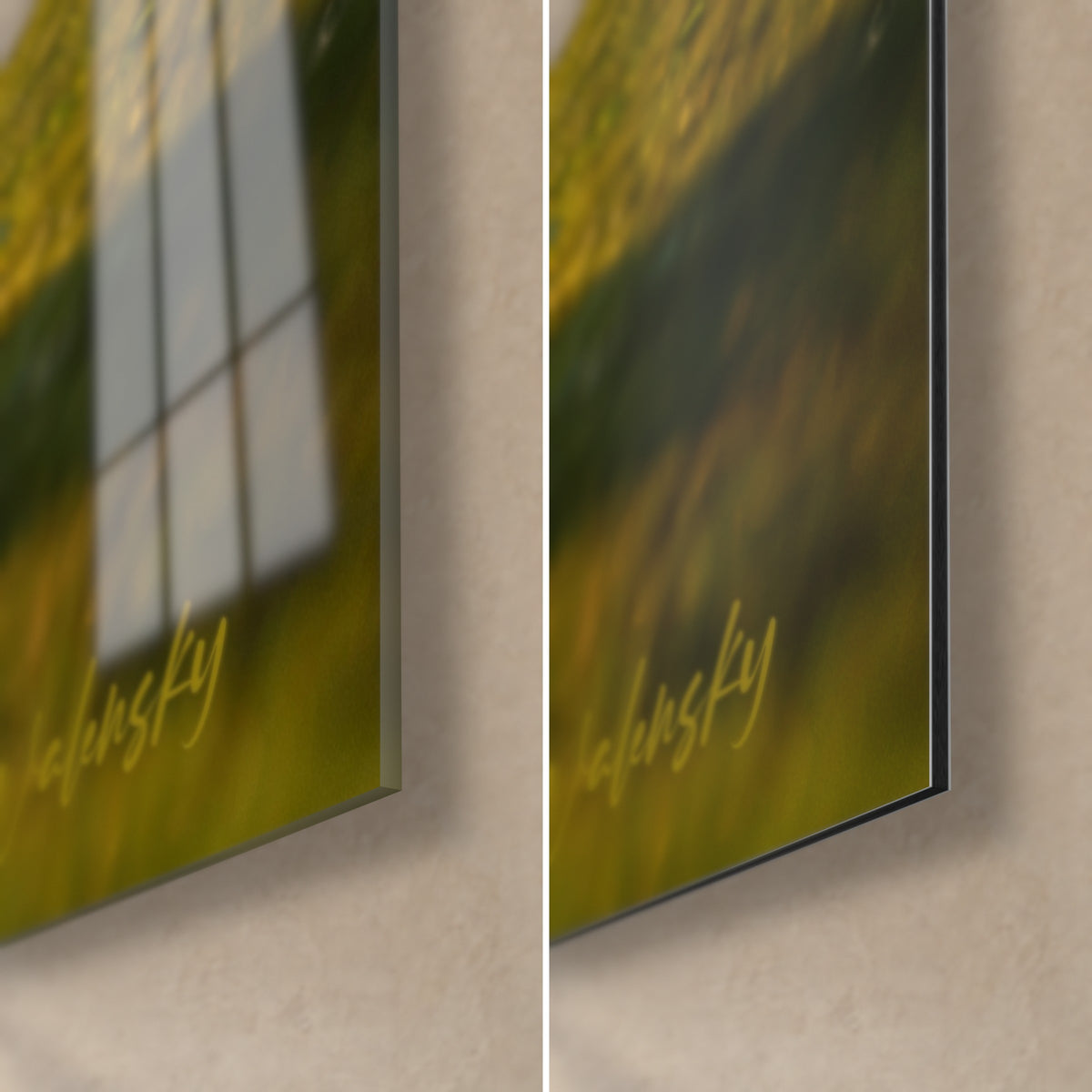 Wall art rugby players in black on golden green turf, bottom right corner: glossy acrylic glass on the left, matte Dibond aluminium on the right, 3 mm edge