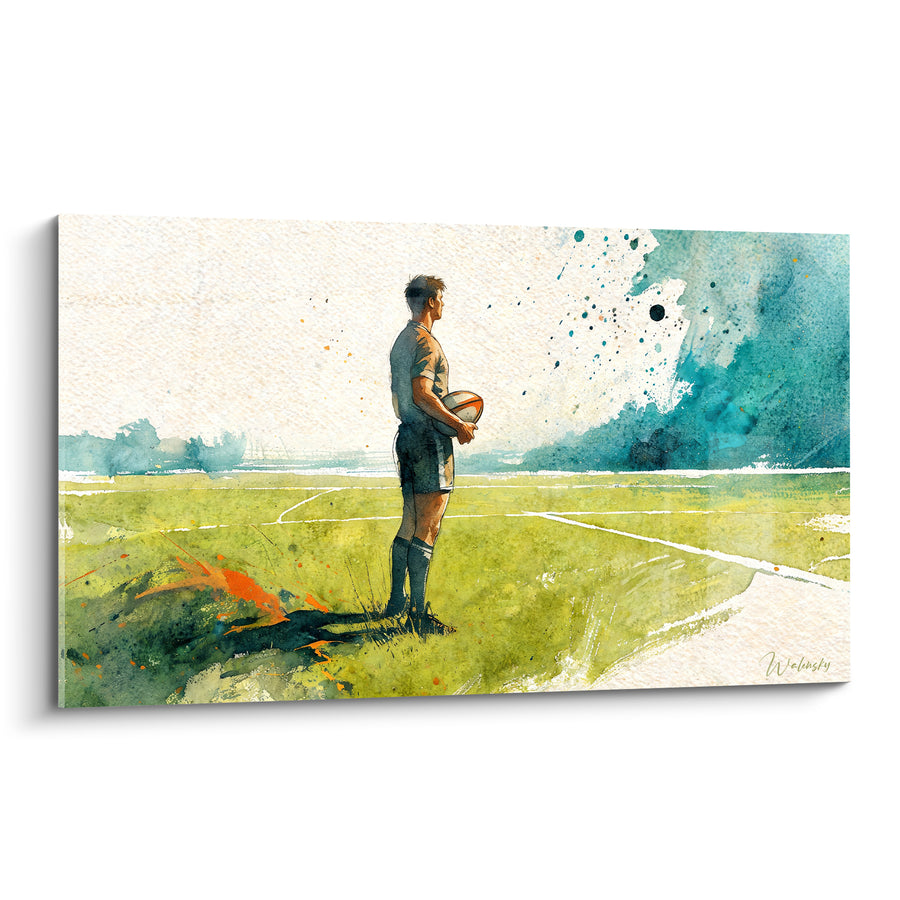 Tableau Joueur gris et vert regardant l'horizon - Éclaboussures orange au sol - Edition Rugby
