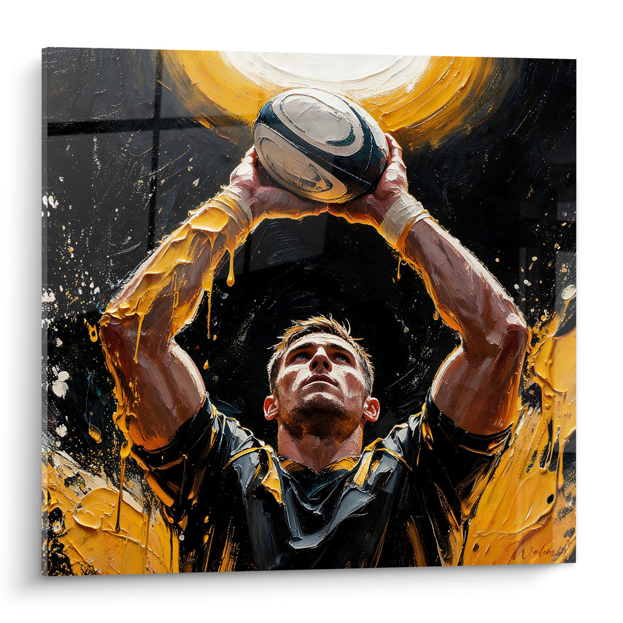 Tableau Joueur noir et jaune ballon levé - Instant suspendu - Edition Rugby