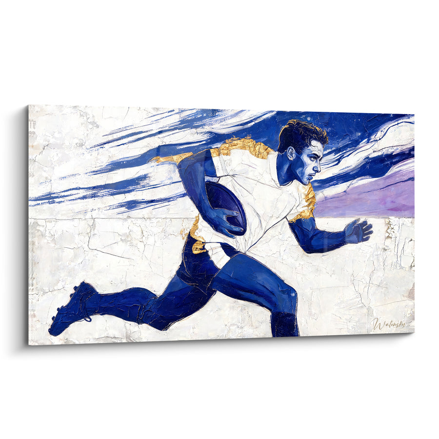 Tableau Joueur bleu et blanc sur fond craquelé - Traînée violette à l'horizon - Edition Rugby