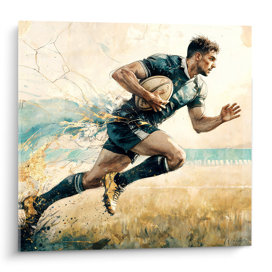 Tableau Joueur bleu marine et doré ballon en main - Percée fulgurante - Edition Rugby