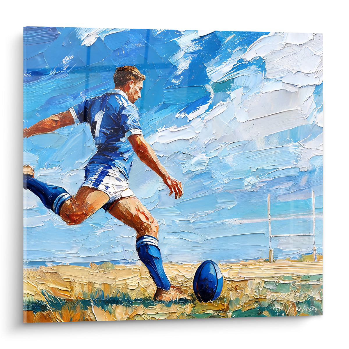 Joueur de rugby en maillot bleu marine frappant un ballon, ciel bleu pastel et touches empâtées ocre