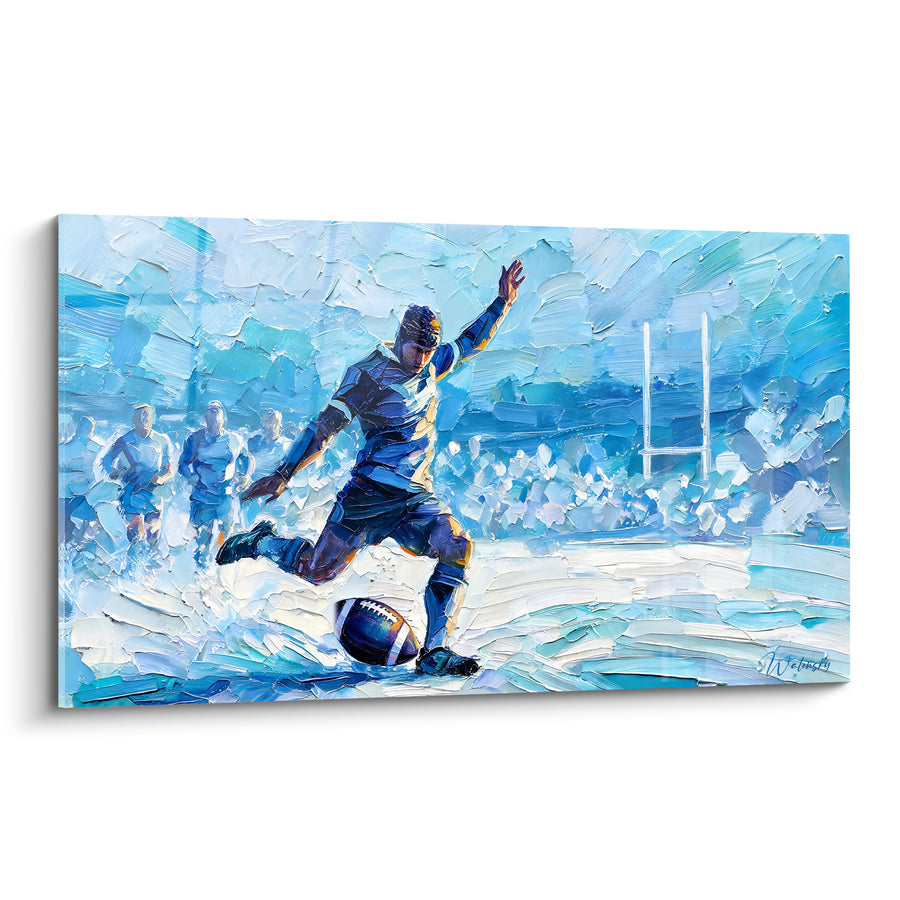 Tableau Joueur bleu et blanc face aux poteaux - Silhouettes en arrière-plan - Edition Rugby