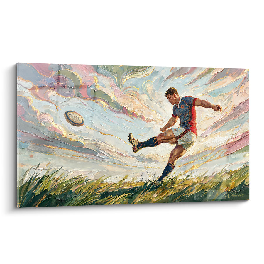 Tableau Joueur bleu et rouge frappant le ballon - Envol du ballon - Edition Rugby