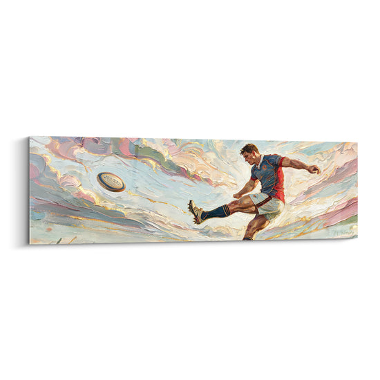 Tableau Joueur bleu et rose au coup de pied - Envolée du ballon - Edition Rugby