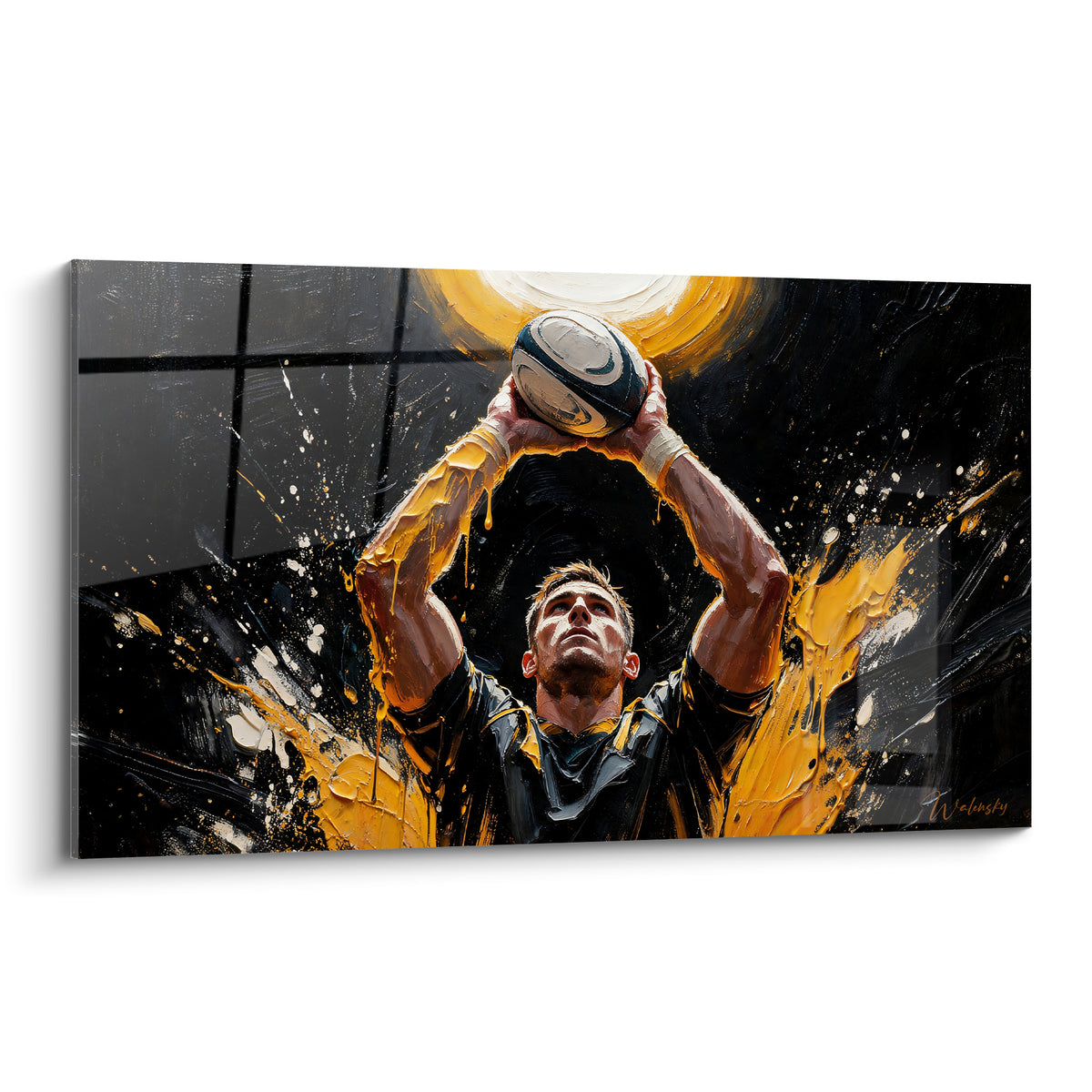 Joueur de rugby aux bras dorés levant le ballon dans un fond noir intense et lumière blanche