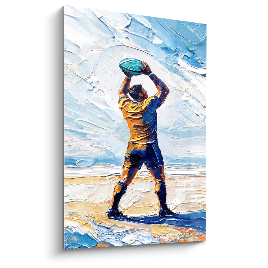 Tableau Joueur bleu et doré au ballon levé - Élan vers le ciel - Edition Rugby