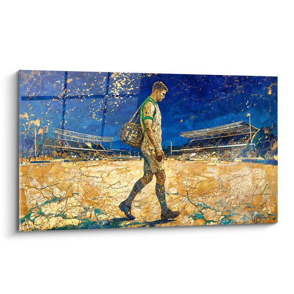 Tableau Joueur doré traversant un stade bleu - Solitude du vestiaire - Edition Rugby