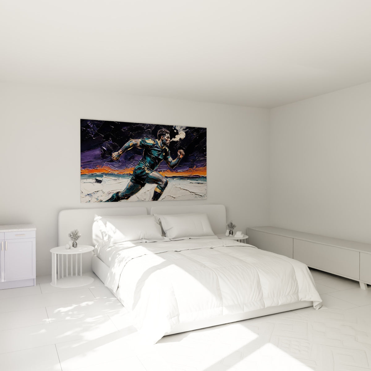 Joueur de rugby lancé en plein effort, tons bleu nuit et orange, accroché au-dessus d'un lit dans une chambre claire