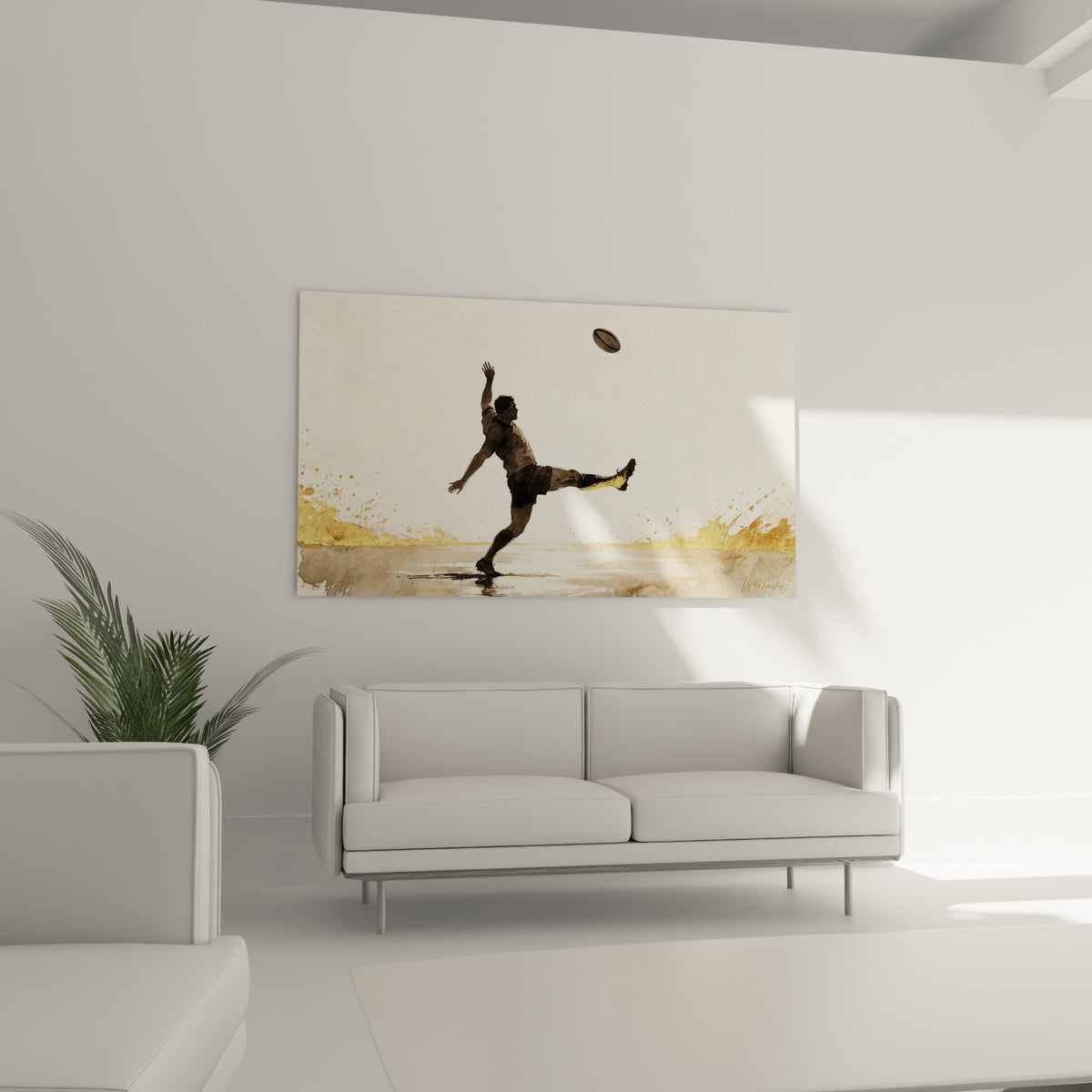 Silhouette sportive brune et dorée d'un rugbyman en action, au-dessus d'un canapé dans un salon lumineux