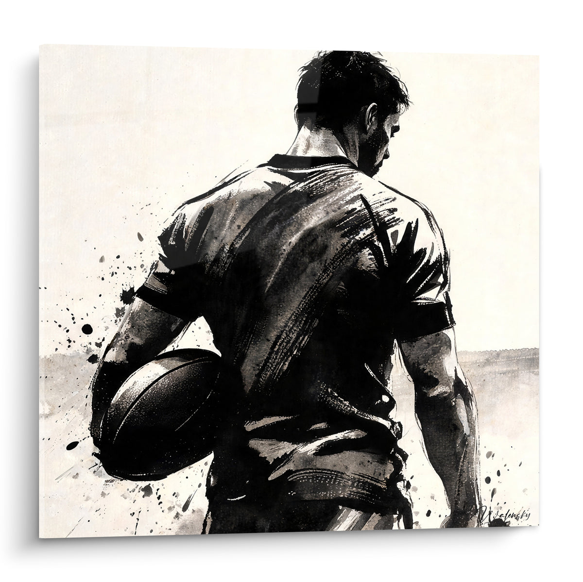 Joueur de rugby de dos en encre noire et blanche, ballon ovale serré sous le bras, style lavis expressif