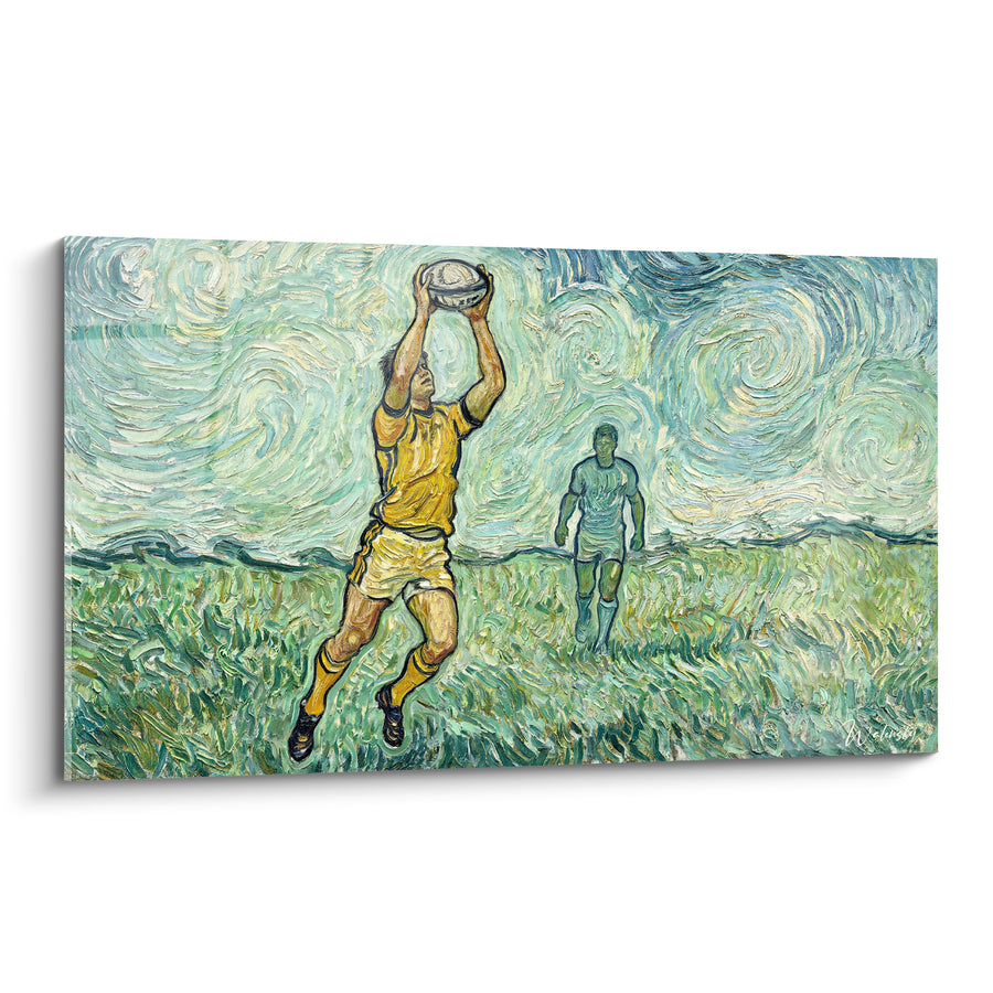 Tableau Joueur jaune ballon ciel tourbillonnant - Envol dans la tourmente - Edition Rugby