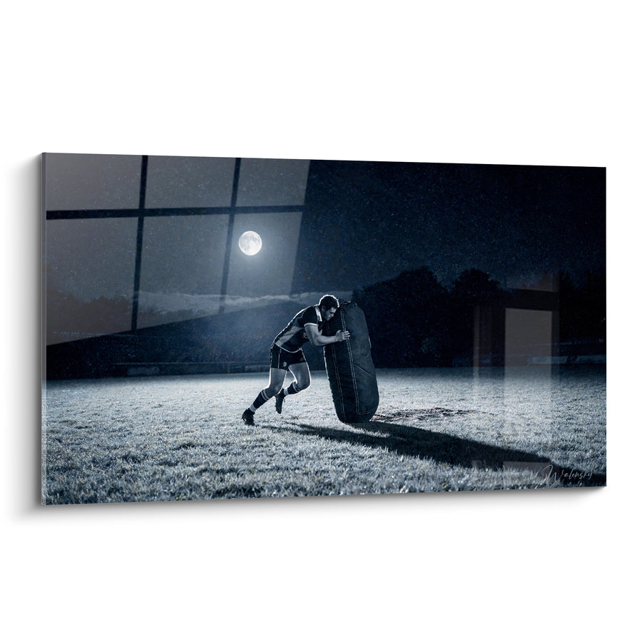 Tableau Joueur bleu nuit poussant un plaquage - Discipline nocturne - Edition Rugby