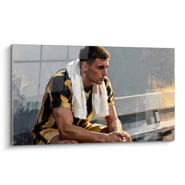 Tableau Joueur assis maillot noir et jaune - Pause avant la bataille - Edition Rugby