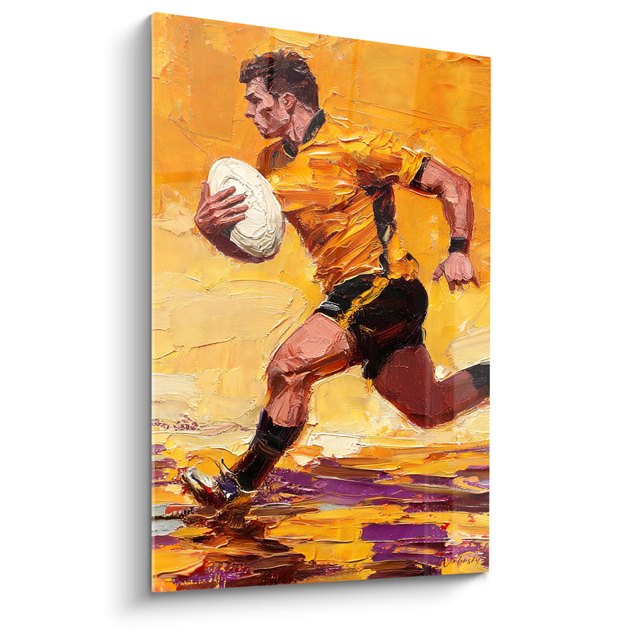 Tableau Joueur jaune et noir sur reflets violets - Empâtements au couteau - Edition Rugby