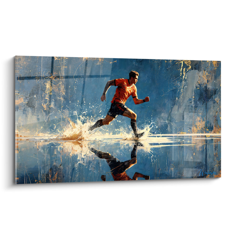 Tableau Joueur orange et bleu courant sur l'eau - Reflet sur surface mouillée - Edition Rugby
