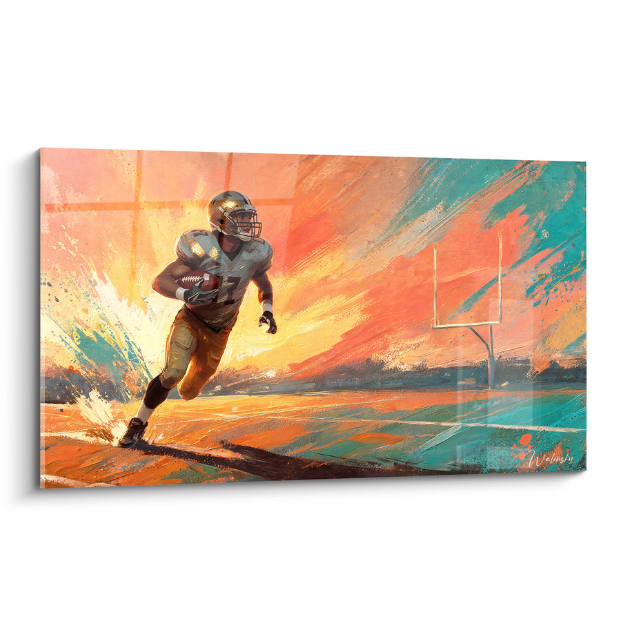 Tableau Joueur en course sur fond orange et turquoise - Course vers la victoire - Edition Rugby