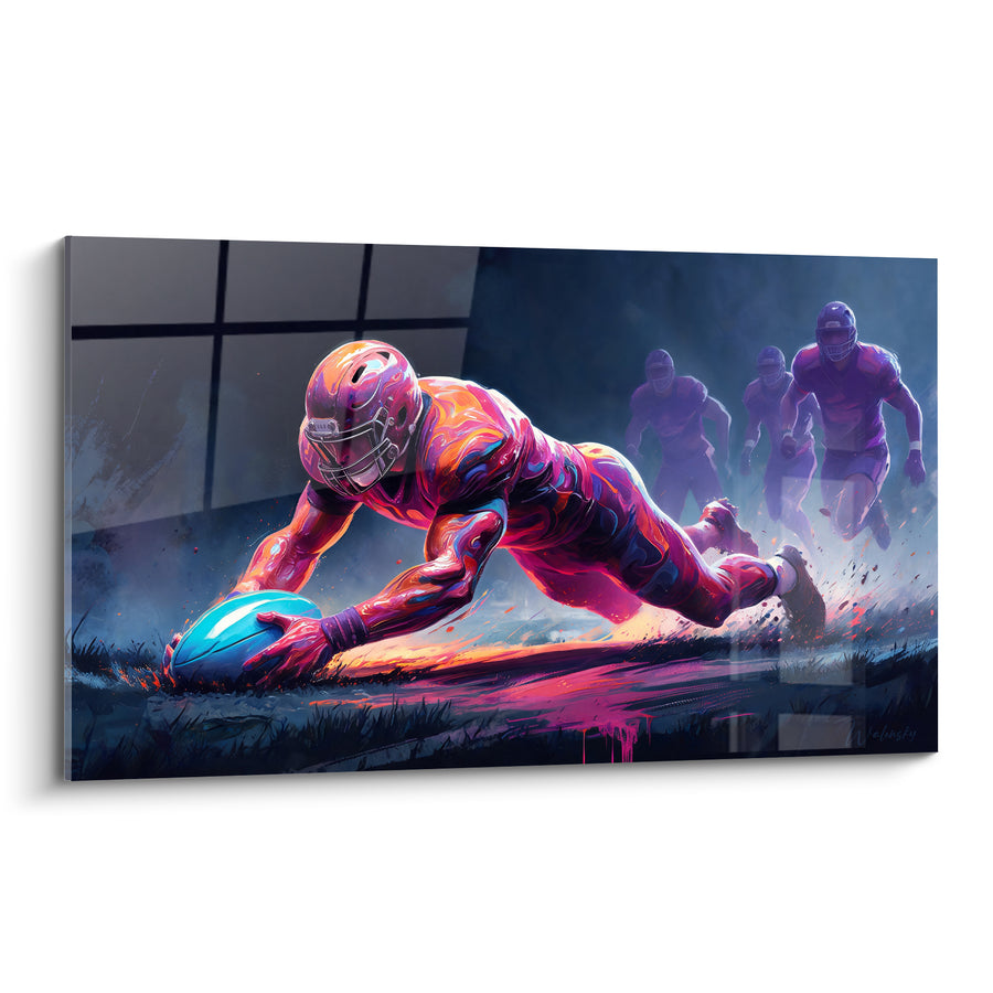 Tableau Joueur rose et violet plongeant vers la ligne - Casque strié multicolore - Edition Rugby