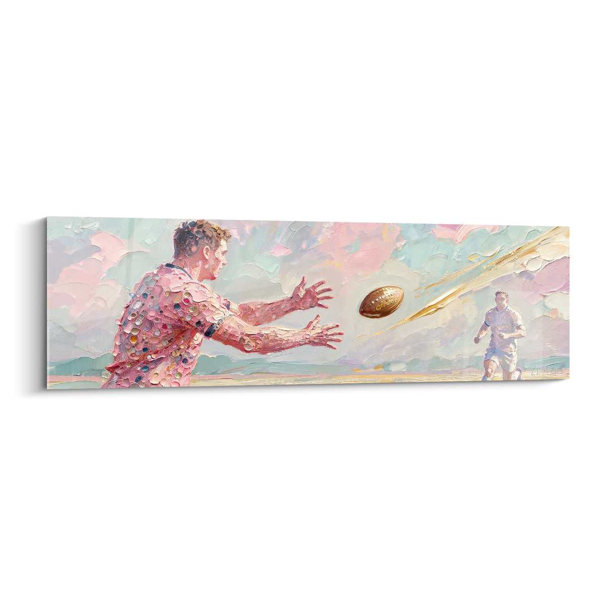 Joueur de Rugby rose tendant les bras vers un ballon doré sous un ciel pastel bleu et rose