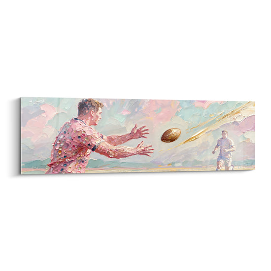 Tableau Joueur rose et pastel bras tendus vers ballon - Ciel nuageux pastel - Edition Rugby