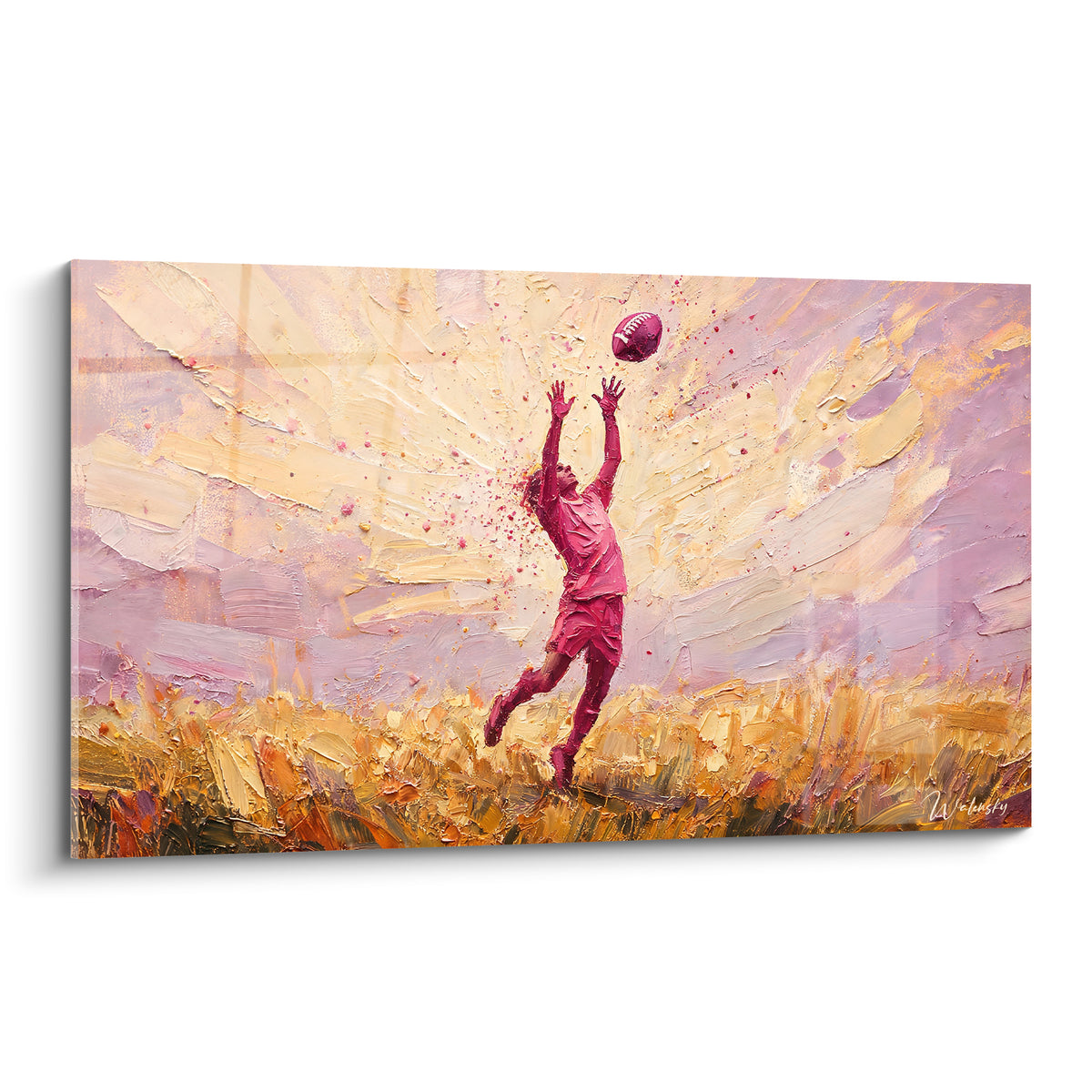 Jugador rosa que salta hacia un balón en tonos dorados y lavanda, cuadro expresionista de rugby.