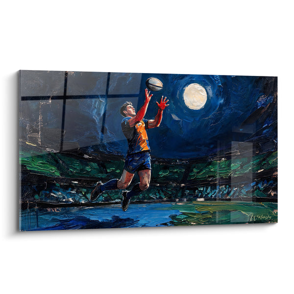 Tableau Joueur bleu et orange en réception nocturne - Envol nocturne - Edition Rugby