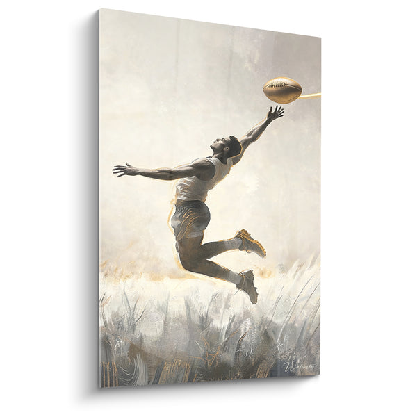 Tableau Joueur gris et doré ballon hors d'atteinte - Bras tendu vers l'horizon - Edition Rugby