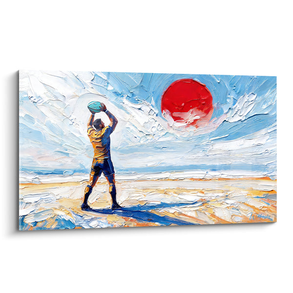 Tableau Joueur jaune et bleu ballon levé vers un disque rouge - Soleil rouge à l'horizon - Edition Rugby