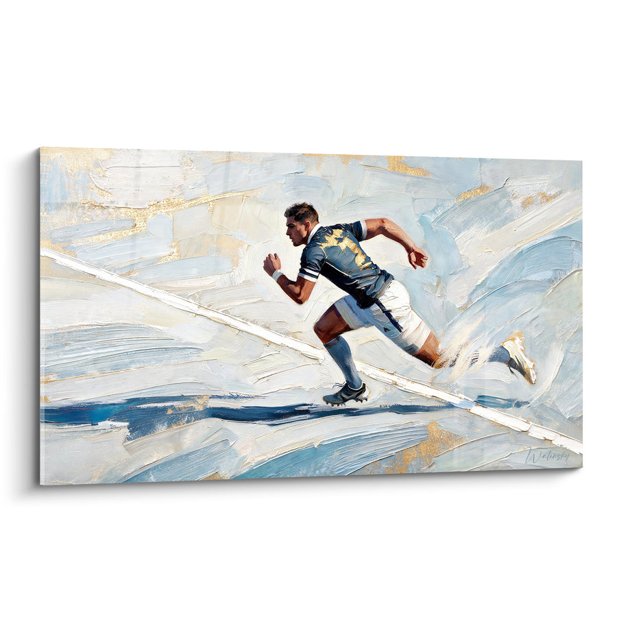 Tableau Joueur bleu marine et blanc sur lignes de touche - Empâtements dorés en diagonale - Edition Rugby