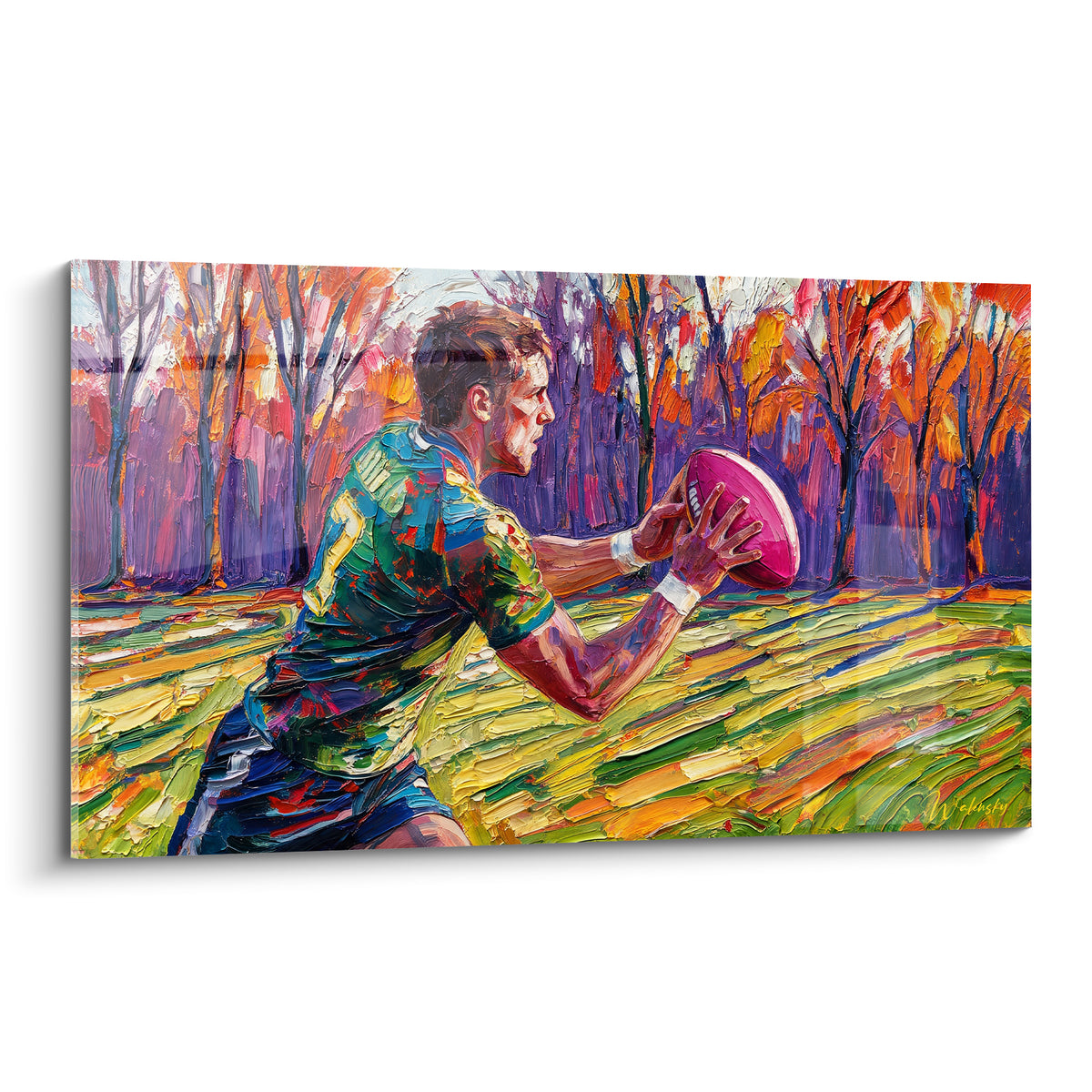 Joueur de rugby au maillot vert sauge saisit un ballon rose devant des arbres violets texturés