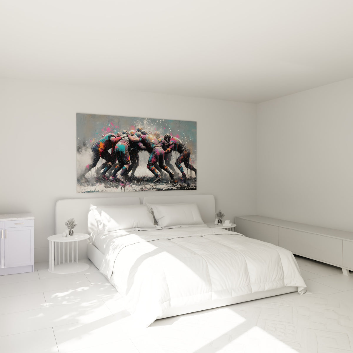 Mêlée de rugby aux tons turquoise et orangé, accrochée au-dessus d'un lit dans une chambre claire
