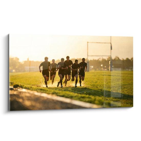 Tableau Joueurs noirs sur pelouse verte dorée - Élan collectif - Edition Rugby