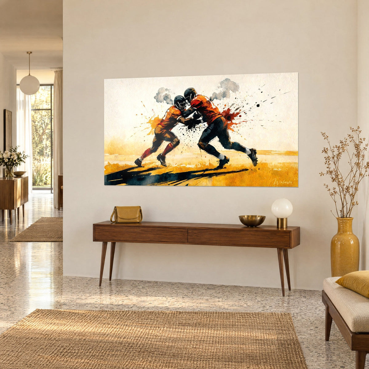 Tableau choc frontal de deux rugbymen en maillots orange sur herbe jaune, taches rouges et gris fumée, sur une console en bois, vue de trois-quarts