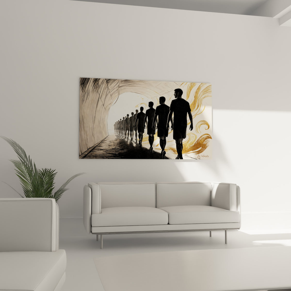 Silhouettes de rugbymen sombres traversant un tunnel doré, au-dessus d'un canapé dans un salon lumineux