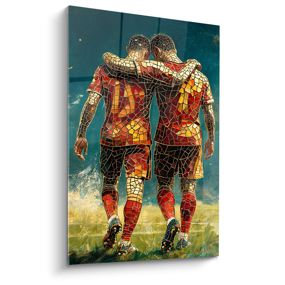 Deux joueurs de rugby en mosaïque rouge et dorée s'éloignant enlacés sur fond bleu anthracite