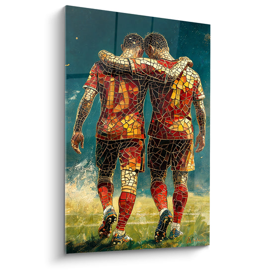 Tableau Joueurs mosaïque rouge et doré enlacés - Fraternité sur le terrain - Edition Rugby