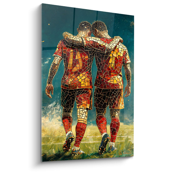 Tableau Joueurs mosaïque rouge et doré enlacés - Fraternité sur le terrain - Edition Rugby