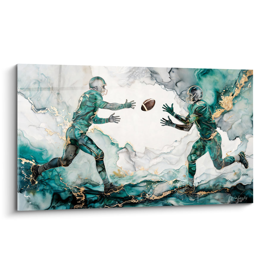 Tableau Joueurs de football américain marbrés turquoise et doré - Passe décisive - Edition Rugby