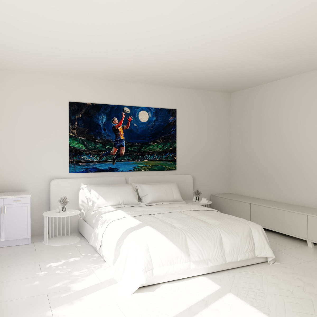 Scène de rugby nocturne bleu marine et orange, joueur en plein saut, au-dessus d'un lit dans une chambre claire