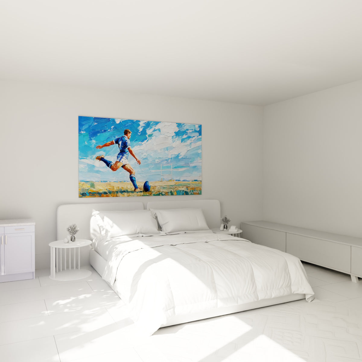Rugbyman bleu et blanc en plein élan sportif, accroché au-dessus d'un lit dans une chambre claire