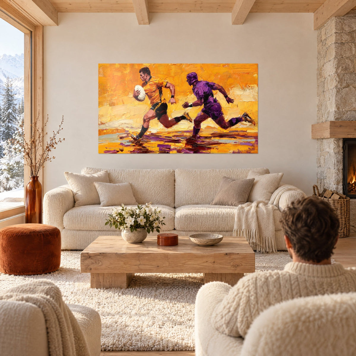 Tableau rugbyman ocre ballon blanc sous le bras, poursuivi par un joueur violet, au-dessus d'un canapé dans un salon lumineux
