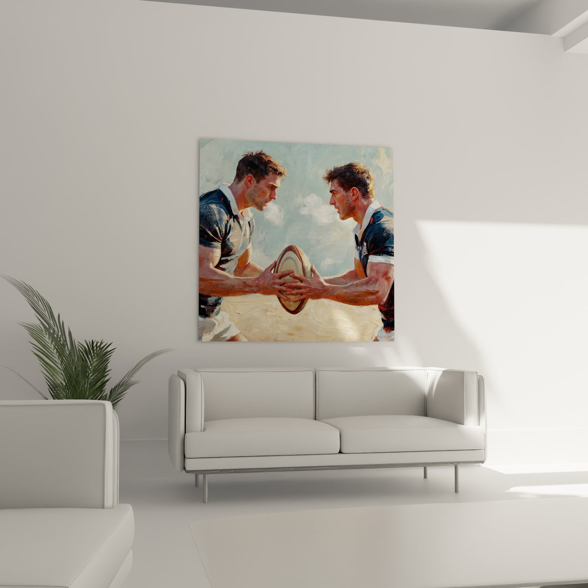 Face-à-face musclé entre deux joueurs de rugby, tons ocre et bleu marine, au-dessus d'un canapé dans un salon lumineux